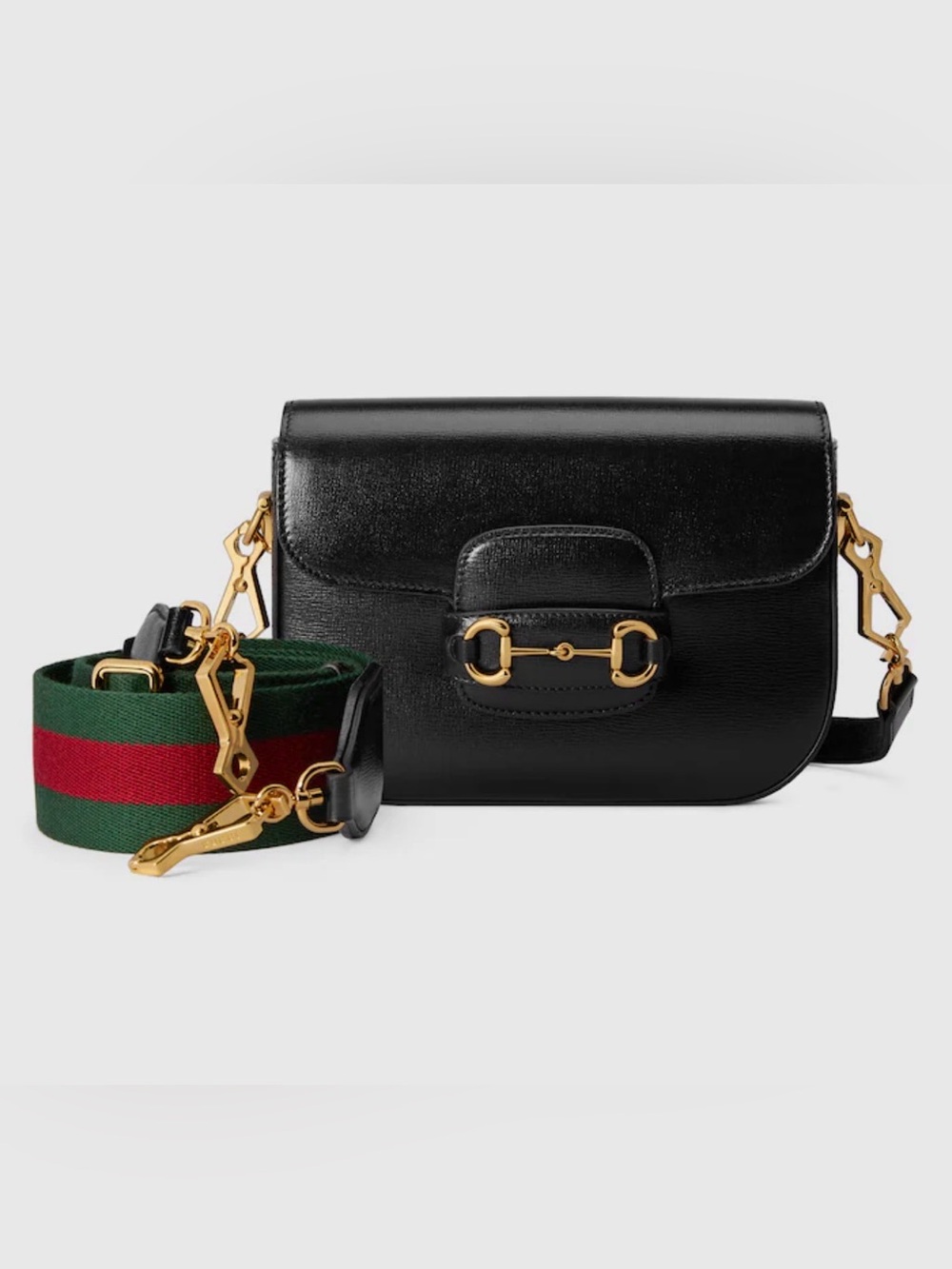 100% authenticGucci Black Leather Women’s Shoulder Bag with Green & Red Strap